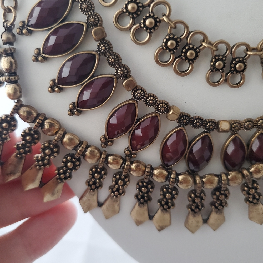 Statement Collar Necklace Large Red/Burgundy Bras… - image 2